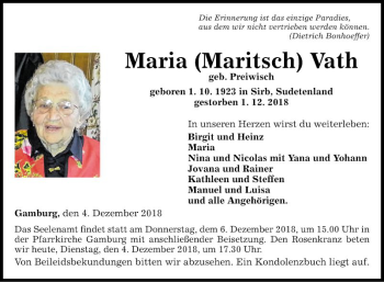 Traueranzeige von Maria Maritsch Vath von Fränkische Nachrichten