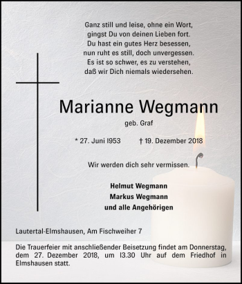 Traueranzeige von Marianne Wegmann von Bergsträßer Anzeiger