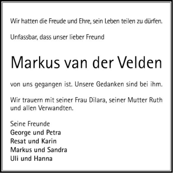 Traueranzeige von Markus van der Velden von Mannheimer Morgen