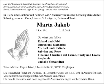 Traueranzeige von Marta Jakob von Fränkische Nachrichten