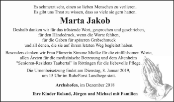 Traueranzeige von Marta Jakob von Fränkische Nachrichten