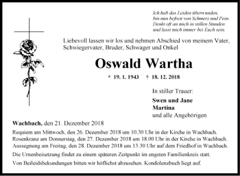Traueranzeige von Oswald Wartha von Fränkische Nachrichten