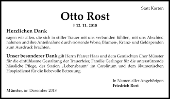 Traueranzeige von Otto Rost von Fränkische Nachrichten