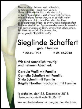 Traueranzeige von Sieglinde Schaffert von Fränkische Nachrichten