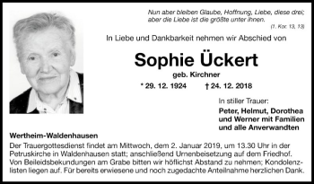 Traueranzeige von Sophie Ückert von Fränkische Nachrichten