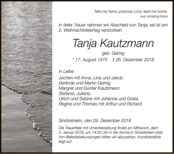 Traueranzeige von Tanja Kautzmann von Fränkische Nachrichten