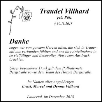 Traueranzeige von Traudel Villhard von Bergsträßer Anzeiger