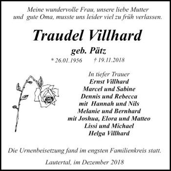 Traueranzeige von Traudel Villhard von Bergsträßer Anzeiger