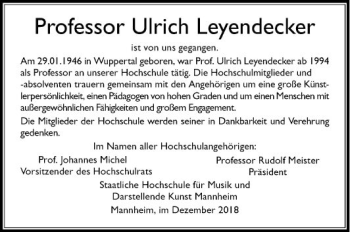 Traueranzeige von Ulrich Leyendecker von Mannheimer Morgen