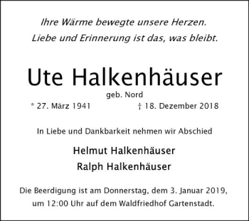 Traueranzeige von Ute Halkenhäuser von Mannheimer Morgen