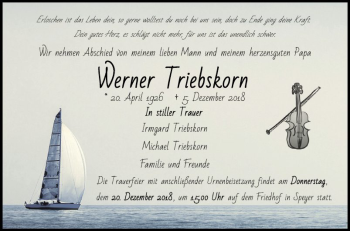 Traueranzeige von Werner Triebskorn von Schwetzinger Zeitung