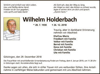 Traueranzeige von Wilhelm Holderbach von Fränkische Nachrichten