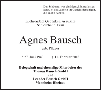 Traueranzeige von Agnes Bausch von Mannheimer Morgen