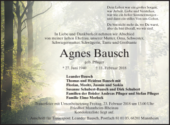 Traueranzeige von Agnes Bausch von Mannheimer Morgen