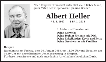 Traueranzeige von Albert Heller von Fränkische Nachrichten