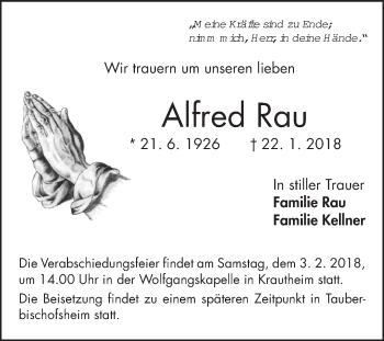 Traueranzeige von Alfred Rau von Fränkische Nachrichten