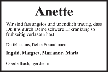 Traueranzeige von Anette  von Fränkische Nachrichten