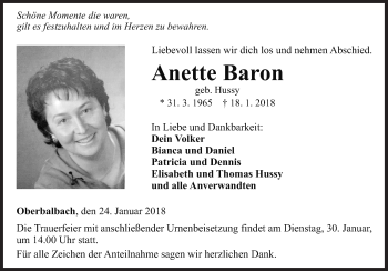 Traueranzeige von Anette Baron von Fränkische Nachrichten