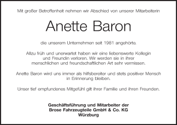 Traueranzeige von Anette Baron von Fränkische Nachrichten