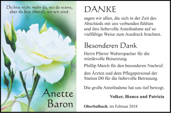 Traueranzeige von Anette Baron von Fränkische Nachrichten