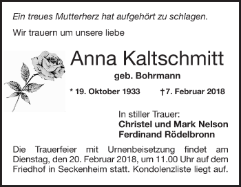 Traueranzeige von Anna Kaltschmitt von Mannheimer Morgen