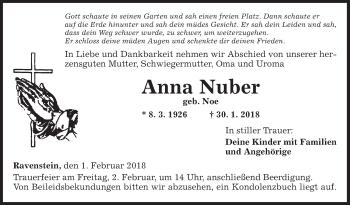 Traueranzeige von Anna Nuber von Fränkische Nachrichten