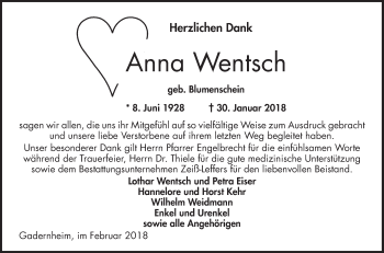 Traueranzeige von Anna Wentsch von Bergsträßer Anzeiger