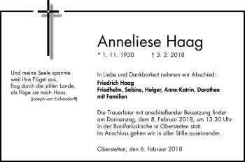 Traueranzeige von Anneliese Haag von Fränkische Nachrichten