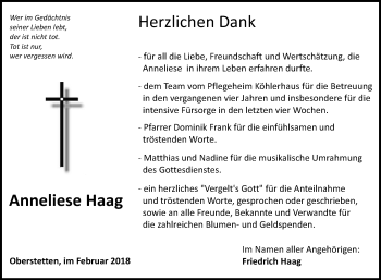 Traueranzeige von Anneliese Haag von Fränkische Nachrichten