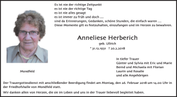 Traueranzeige von Anneliese Herberich von Fränkische Nachrichten