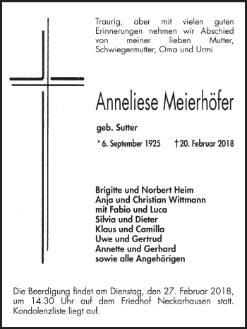 Traueranzeige von Anneliese Meierhöfer von Mannheimer Morgen