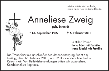 Traueranzeige von Anneliese Zweig von Schwetzinger Zeitung