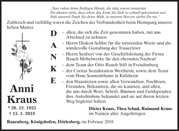 Traueranzeige von Anni Kraus von Fränkische Nachrichten