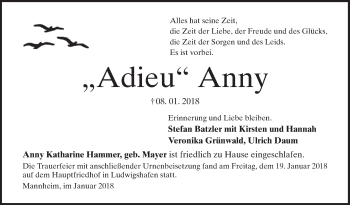 Traueranzeige von Anny Mayer von Mannheimer Morgen / Schwetzinger Zeitung