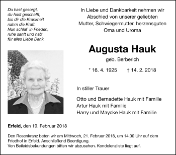 Traueranzeige von Augustina Hauk von Fränkische Nachrichten