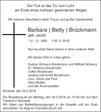 Traueranzeige von Barbara  Brückmann von Südhessen Morgen
