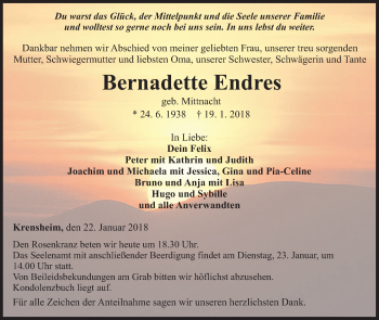 Traueranzeige von Bernadette Endres von Fränkische Nachrichten