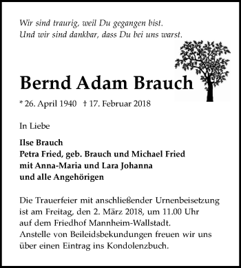 Traueranzeige von Bernd Adam Brauch von Mannheimer Morgen