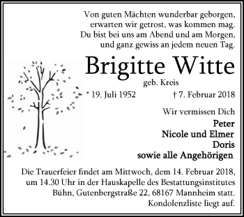 Traueranzeige von Brigitte Witte von Mannheimer Morgen