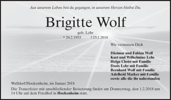 Traueranzeige von Brigitte Wolf von Mannheimer Morgen / Schwetzinger Zeitung