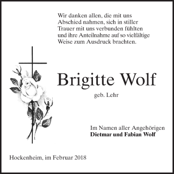 Traueranzeige von Brigitte Wolf von Schwetzinger Zeitung