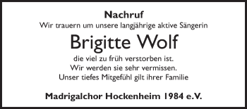 Traueranzeige von Brigitte Wolf von Mannheimer Morgen / Schwetzinger Zeitung