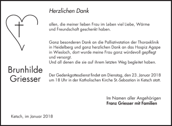 Traueranzeige von Brunhilde Griesser von Mannheimer Morgen / Schwetzinger Zeitung