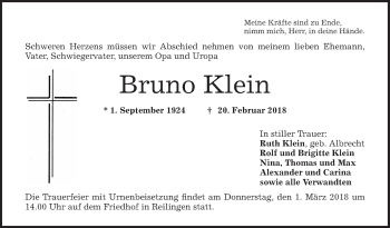 Traueranzeige von Bruno Klein von Schwetzinger Zeitung