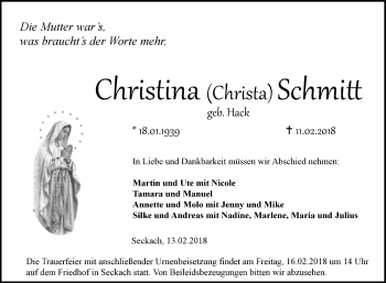 Traueranzeige von Christina Schmitt von Fränkische Nachrichten