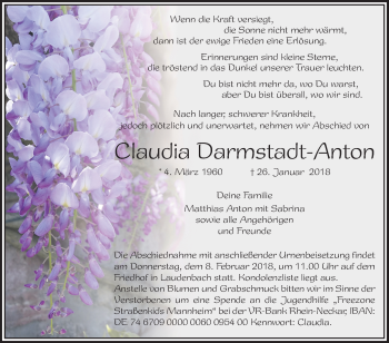 Traueranzeige von Claudia Darmstadt-Anton von Mannheimer Morgen / Schwetzinger Zeitung