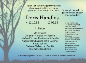 Traueranzeige von Doris Handlos von Schwetzinger Zeitung