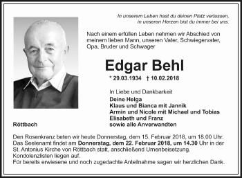 Traueranzeige von Edgar Behl von Fränkische Nachrichten