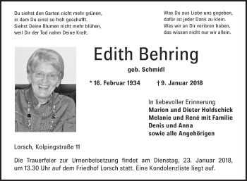 Traueranzeige von Edith Behring von Bergsträßer Anzeiger