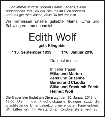 Traueranzeige von Edith Wolf von Mannheimer Morgen / Schwetzinger Zeitung